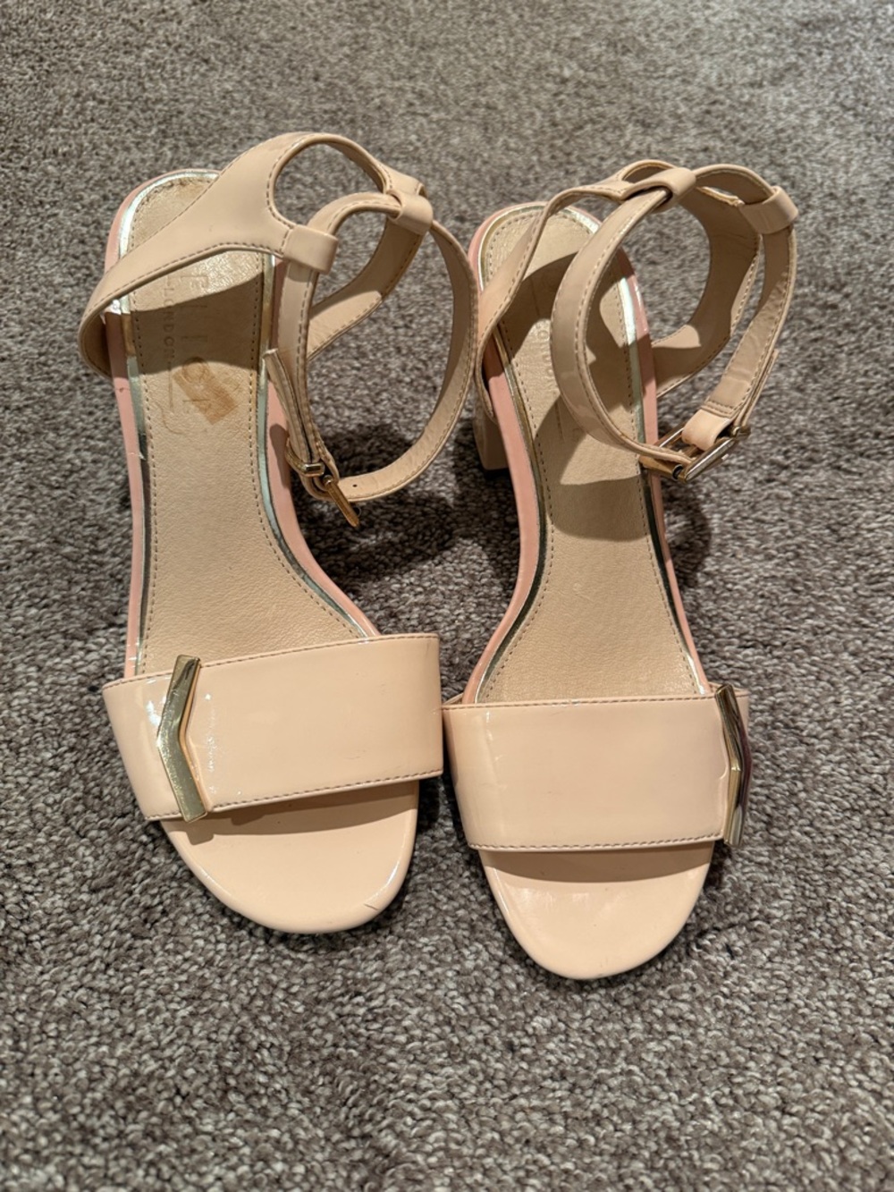 Office London Patent Nude Low Block Heel Sandals with Ankle Strap